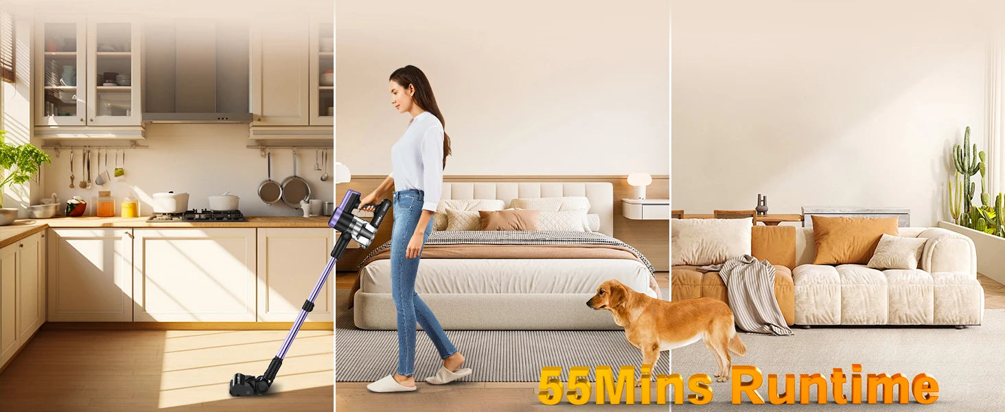 Nova Mart cordless vacuum cleaner with 500W power, LED screen, and smart features, shown standing with a sleek design.