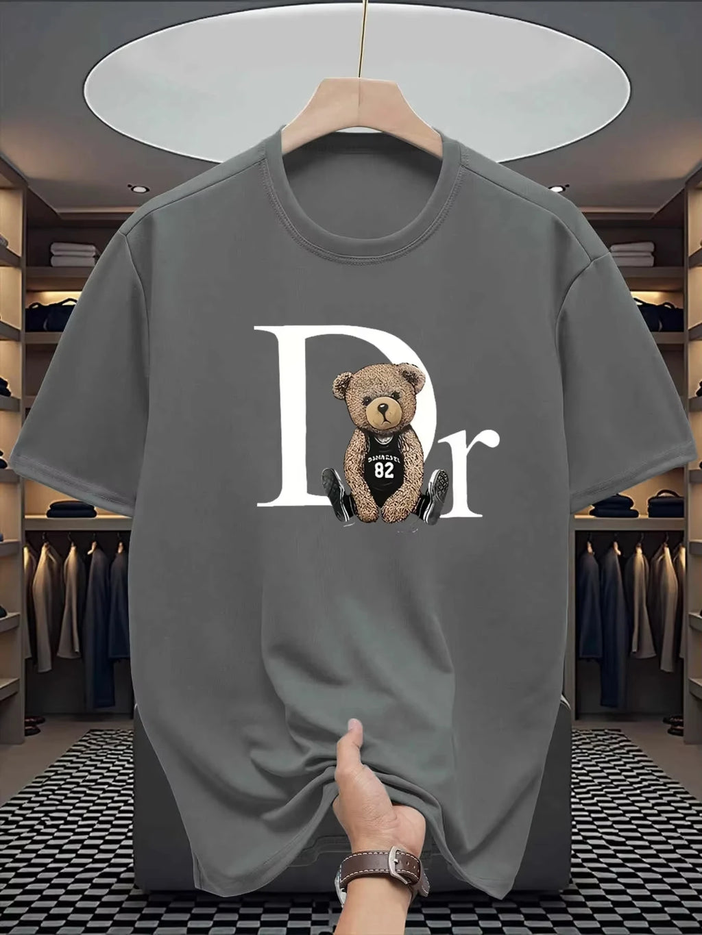 Unisex cotton T-shirt with cute bear print, summer graphic tee, ideal for men's casual fashion from Nova Mart.