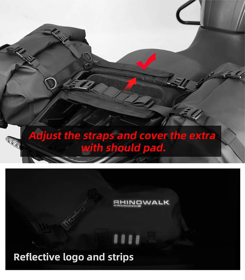 Rhinowalk waterproof motorcycle pannier saddle bags in black, designed for secure storage on motorcycle accessories.