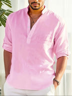 Men's linen stand collar shirt by Nova Mart, loose fit long sleeve style, casual men's fashion with breathable fabric.