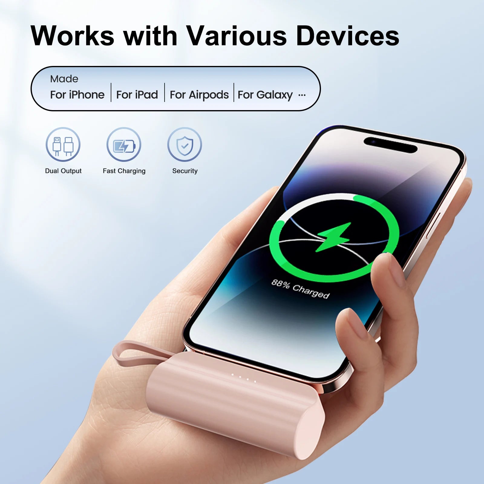 Mini Nova Mart 4500mAh power bank with dual USB-C ports, compatible with iPhone and Android devices.
