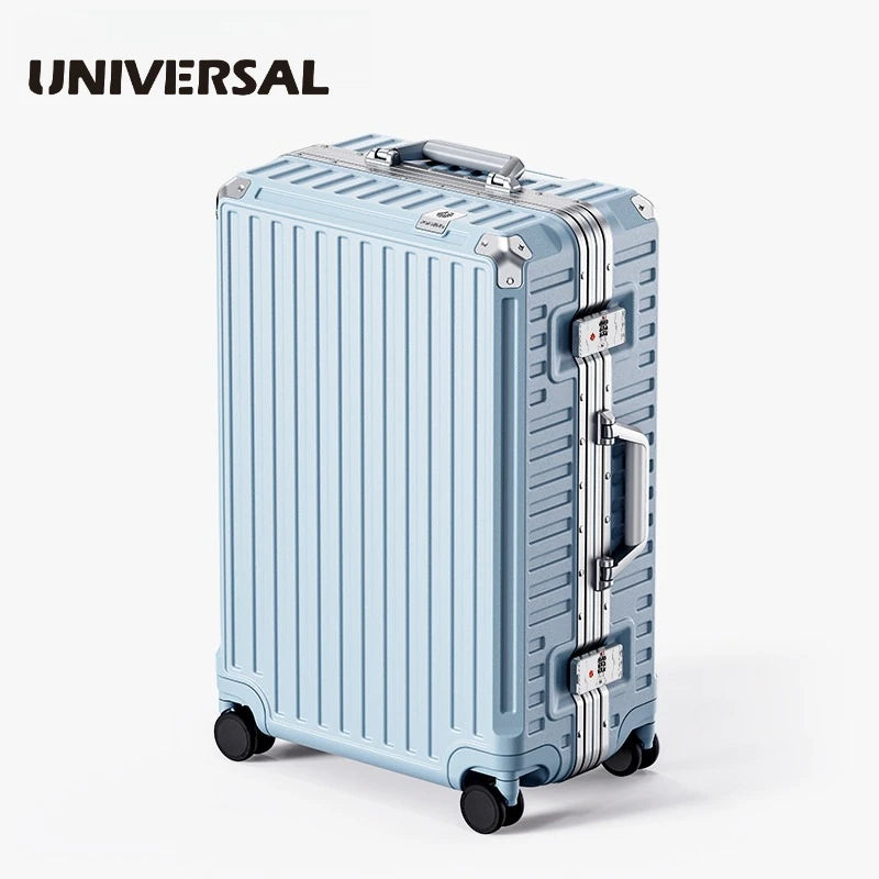 Silver aluminum frame hardcase luggage with universal wheels, durable Nova Mart travel suitcase on a smooth surface.