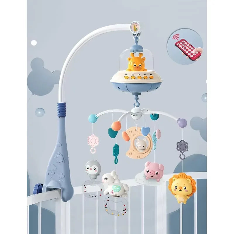 Baby crib mobile with lights, music, and projection from Nova Mart, featuring colorful toys and a remote control for easy operation.