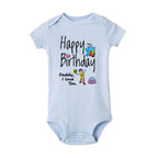 Baby boy short sleeve birthday romper by Nova Mart featuring "Happy Birthday Daddy" text, perfect for summer celebrations.
