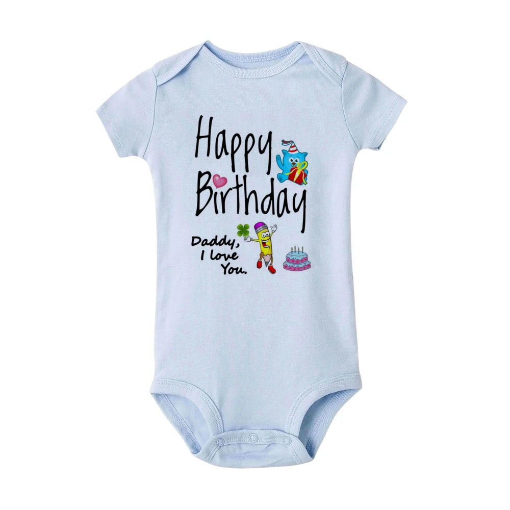 Baby boy short sleeve birthday romper by Nova Mart featuring "Happy Birthday Daddy" text, perfect for summer celebrations.