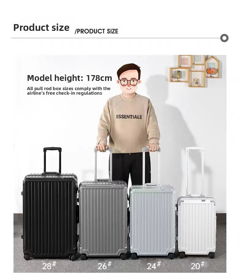 Aluminum frame hardcase luggage with universal wheels, durable Nova Mart travel suitcase in sleek silver.