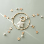 Wooden crochet stars baby crib mobile with bed bell rattle toy by Nova Mart, featuring soft crocheted stars hanging from a wooden frame.