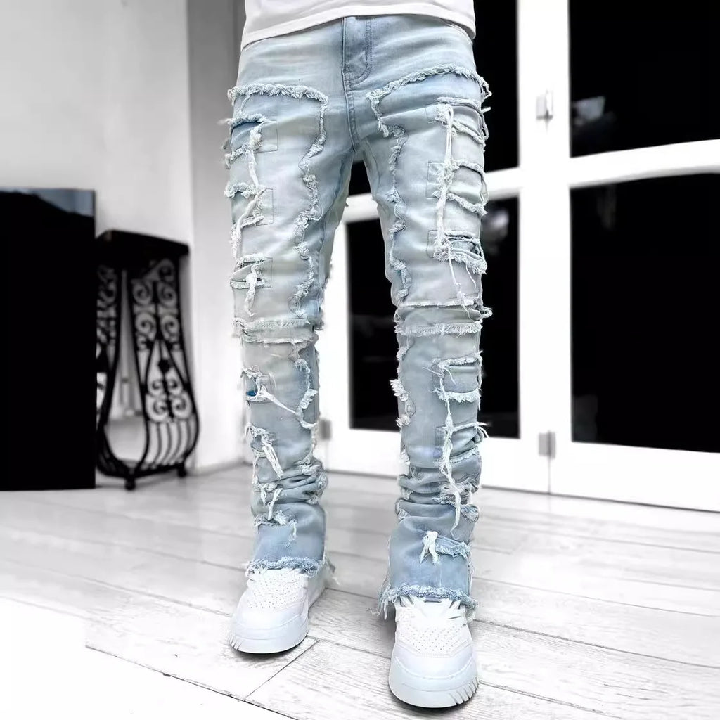 Men's straight-leg Jacquard denim jeans by Nova Mart, styled for hip-hop streetwear, showing the detailed pattern and fit.