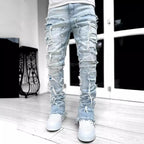 Men's straight-leg Jacquard denim jeans by Nova Mart, styled for hip-hop streetwear, showing the detailed pattern and fit.