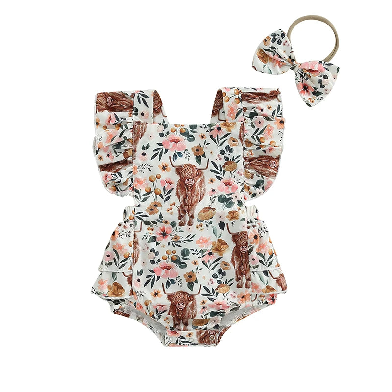 Baby girl cow print romper with matching headband, Western cowgirl-themed baby clothing by Nova Mart, soft and adorable.