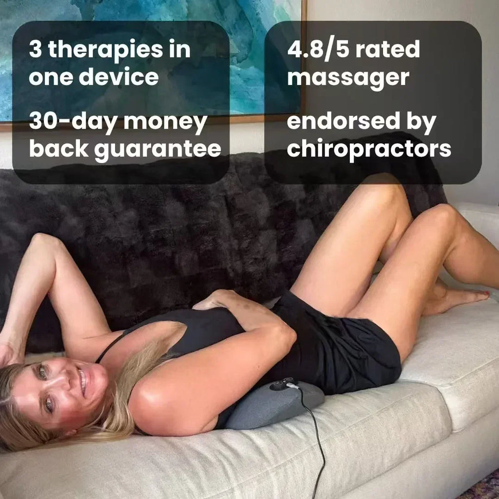 Nova Mart 3-in-1 back massager with heat and vibration for back pain relief, showing its ergonomic design and control panel.