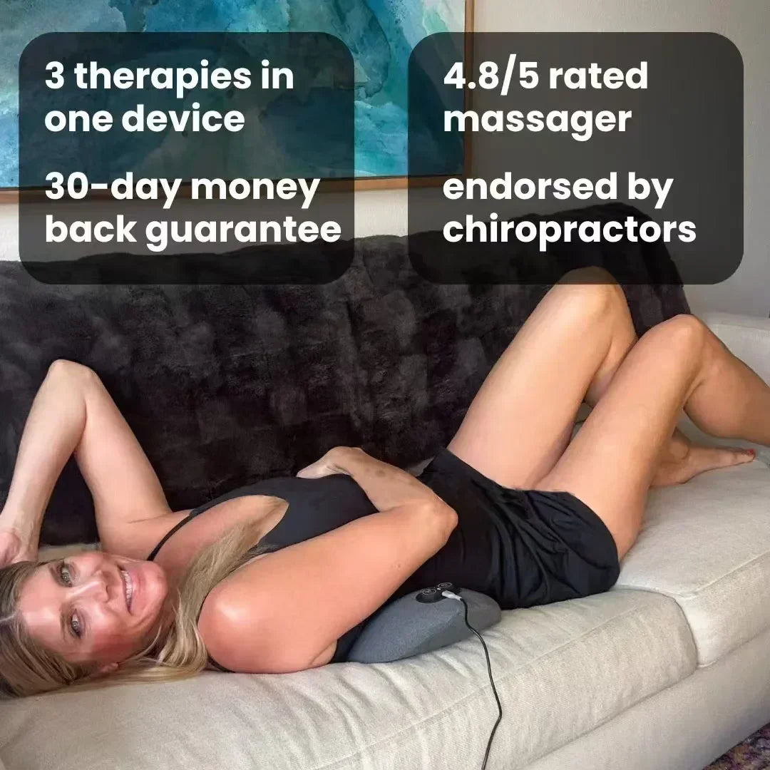 Nova Mart 3-in-1 back massager with heat and vibration for back pain relief, showing its ergonomic design and control panel.