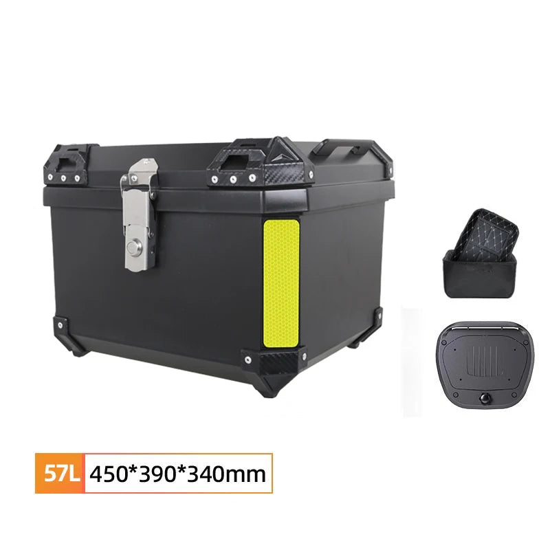 Waterproof Nova Mart motorcycle top case with anti-theft lock, designed for secure storage on motorcycle accessories.
