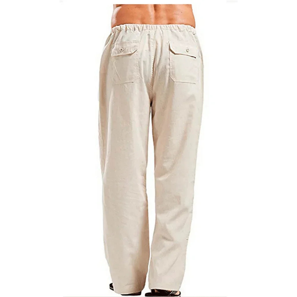 Men's cotton linen summer pants with elastic waist from Nova Mart, lightweight and breathable for warm weather.