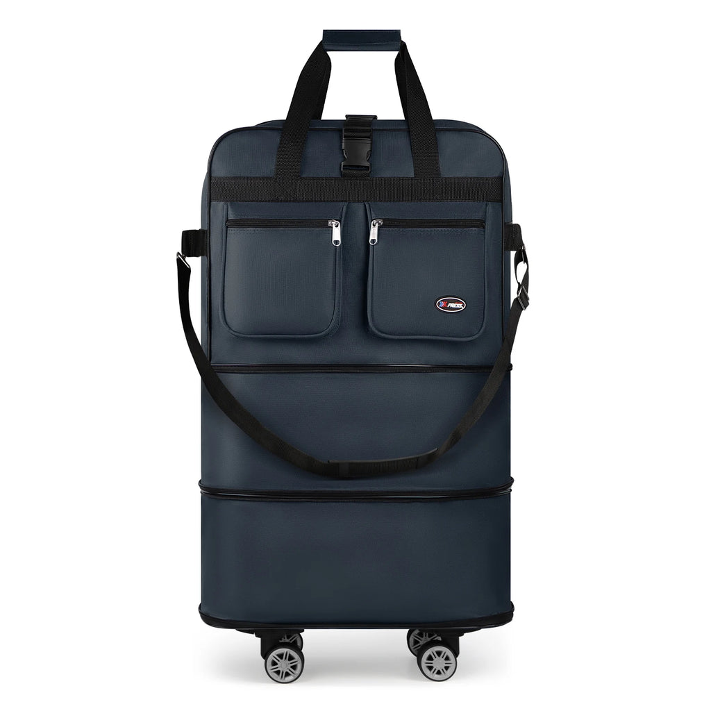 Foldable expandable Nova Mart rolling luggage bag in black, with multiple size options 30", 36", 40" for travel and storage.