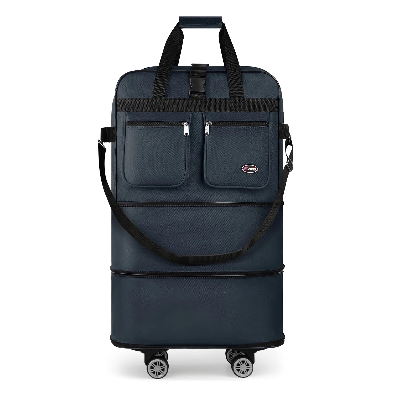 Foldable expandable Nova Mart rolling luggage bag in black, with multiple size options 30", 36", 40" for travel and storage.