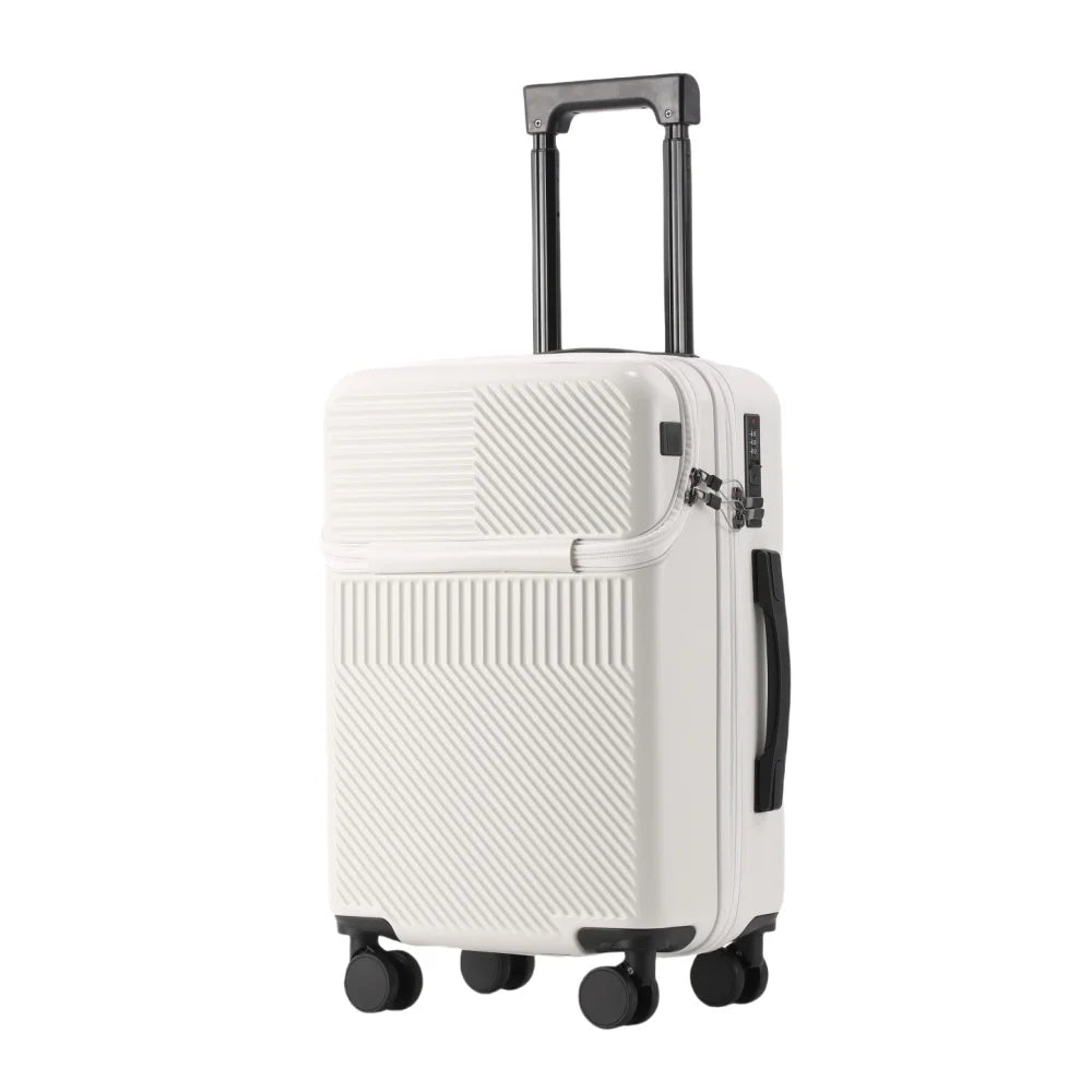 Nova Mart PC hardshell carry-on luggage with combination lock, durable travel suitcase with wheels and handle, front view.