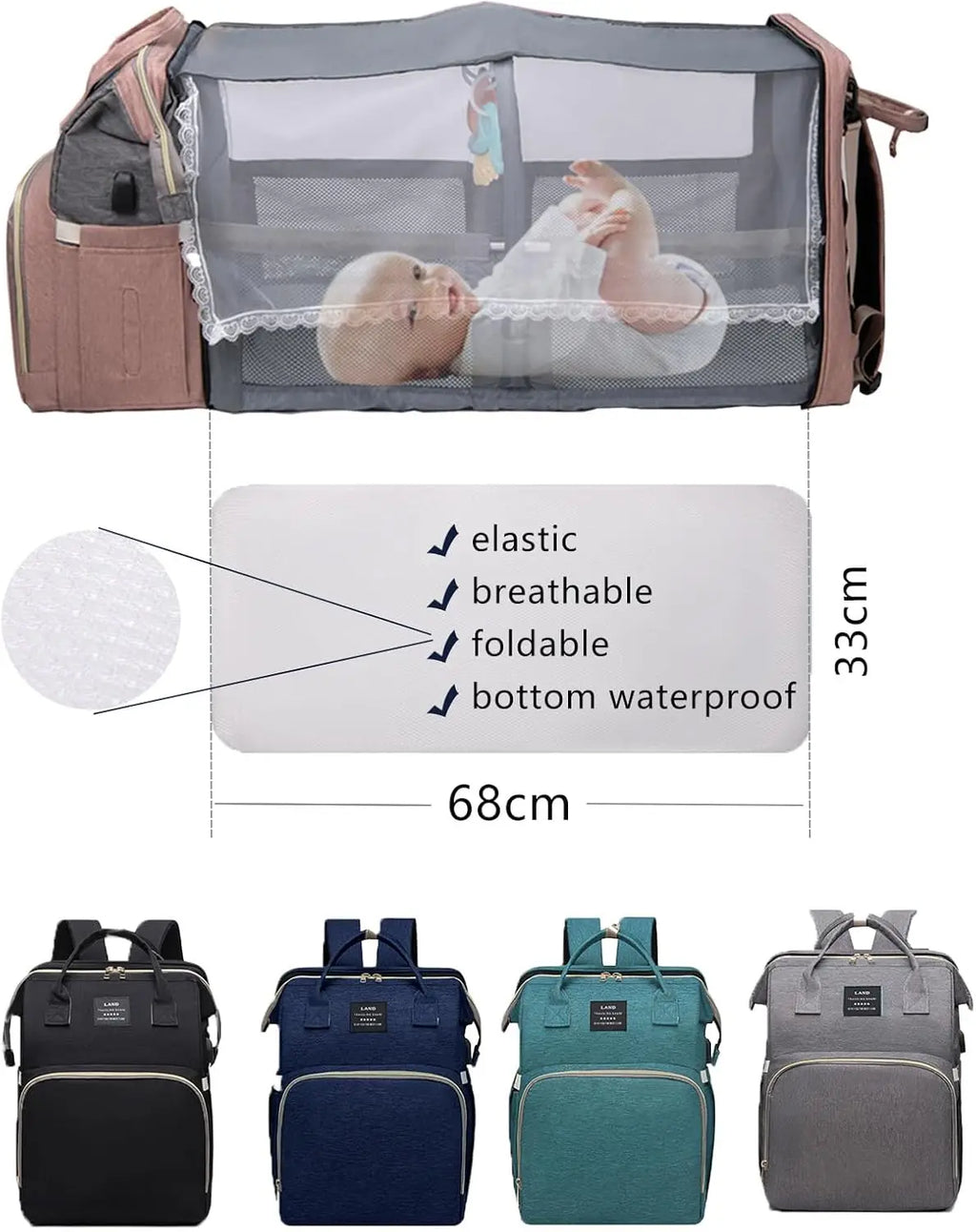 Pink Nova Mart diaper backpack with changing station, featuring multiple compartments and adjustable straps for moms.
