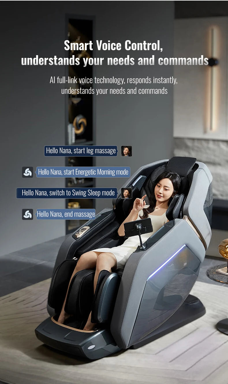 Nova Mart 4D Zero Gravity massage chair with voice control and Bluetooth, showing sleek design with padded armrests and control panel