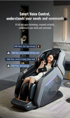 Nova Mart 4D Zero Gravity massage chair with voice control and Bluetooth, showing sleek design with padded armrests and control panel