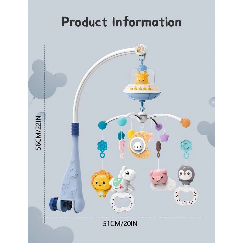 Baby crib mobile with lights, music, and projection from Nova Mart, featuring colorful toys and remote control for soothing entertainment.