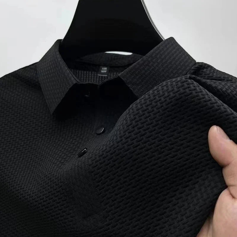Men's Nova Mart business casual polo shirt with bone-colored flower pattern, featuring a classic collar and short sleeves.