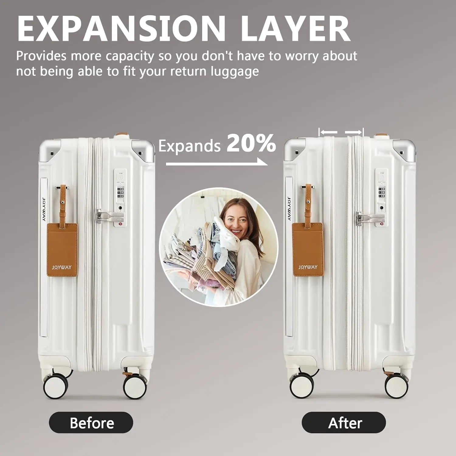 Nova Mart Joyway 20-inch expandable carry-on luggage with TSA lock and cup holder, featuring a sleek design and sturdy wheels.