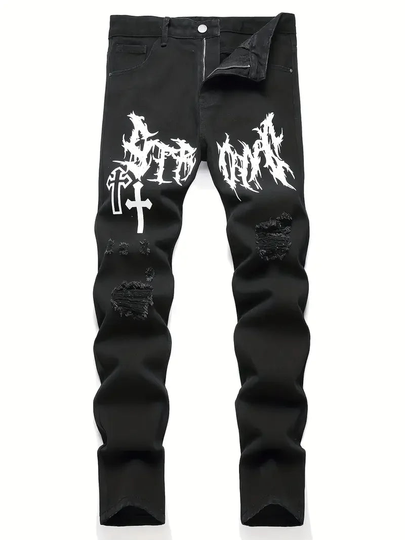 Men's street paint printed jeans by Nova Mart featuring bold hip-hop casual denim design and vibrant street art-inspired patterns.