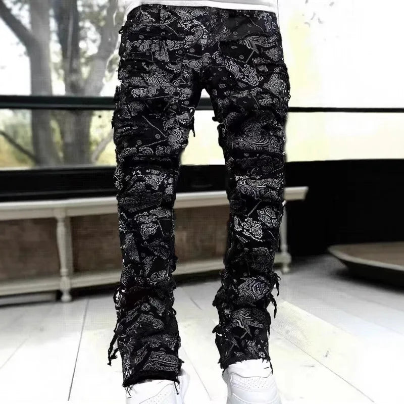 Men's straight-leg Jacquard denim jeans by Nova Mart featuring intricate woven pattern, ideal for hip-hop streetwear style.