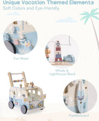 Wooden baby walker with wheels by Nova Mart, designed for boys and girls, featuring a sturdy construction and colorful details.