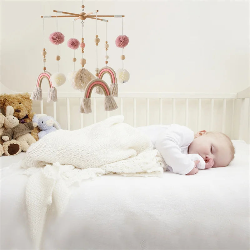 Wooden baby crib mobile by Nova Mart with felt animal dolls and music, designed as a charming baby toy for infants.