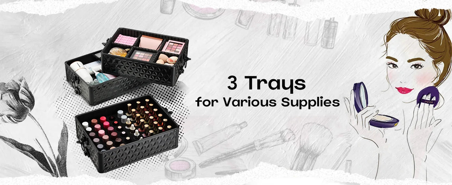 Maxulene rolling makeup train case by Nova Mart with wheels and lock, featuring multiple compartments and a sleek black finish.