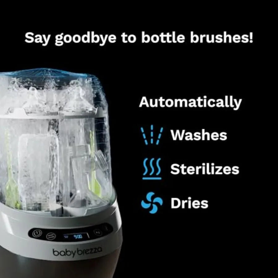Baby Brezza Bottle Washer Pro by Nova Mart, all-in-one sterilizer and dryer for baby bottles and essentials, shown in use.
