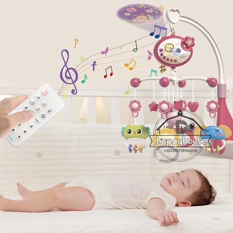 Baby crib mobile with lights, music, and projection by Nova Mart, featuring hanging toys and remote control for soothing bedtime entertainment.