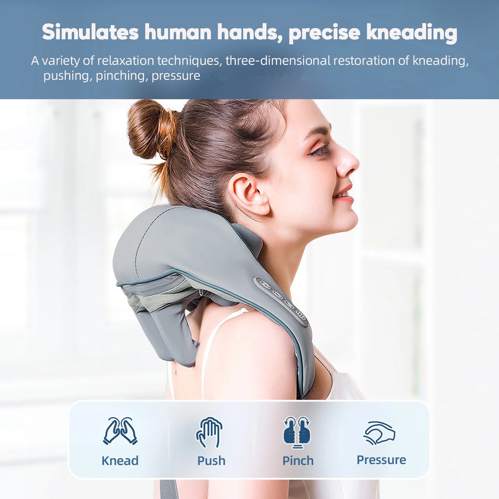 Wireless neck and shoulder massager shawl by Nova Mart with kneading massage nodes for relaxation.