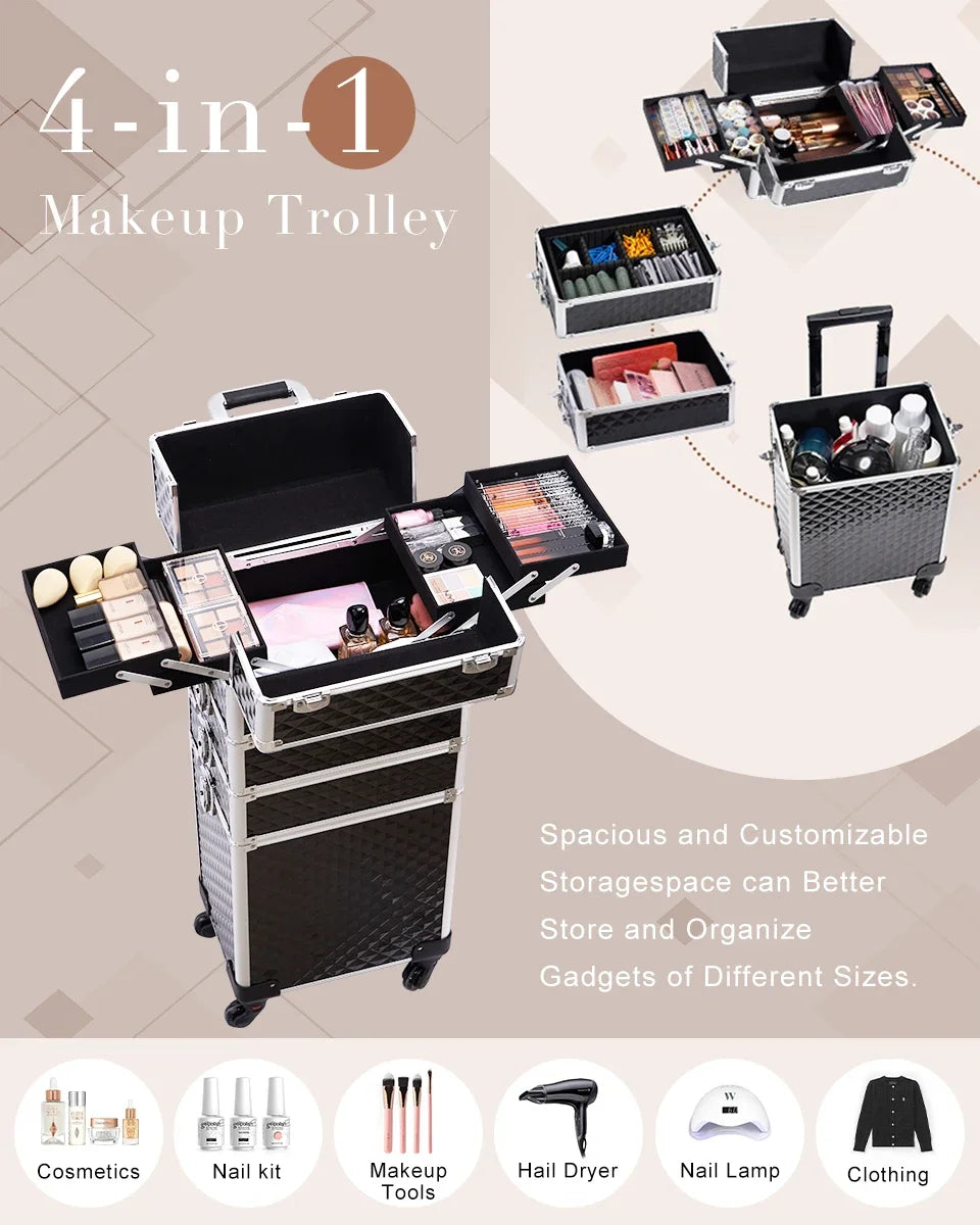 Maxulene 4-in-1 detachable makeup trolley case with wheels, black and pink design, featuring multiple compartments and handle.