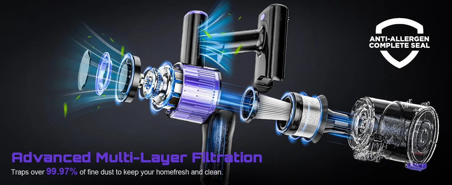 Nova Mart 10-in-1 cordless stick vacuum cleaner with 55Kpa suction and 500W motor, shown with detachable components and cleaning attachments.