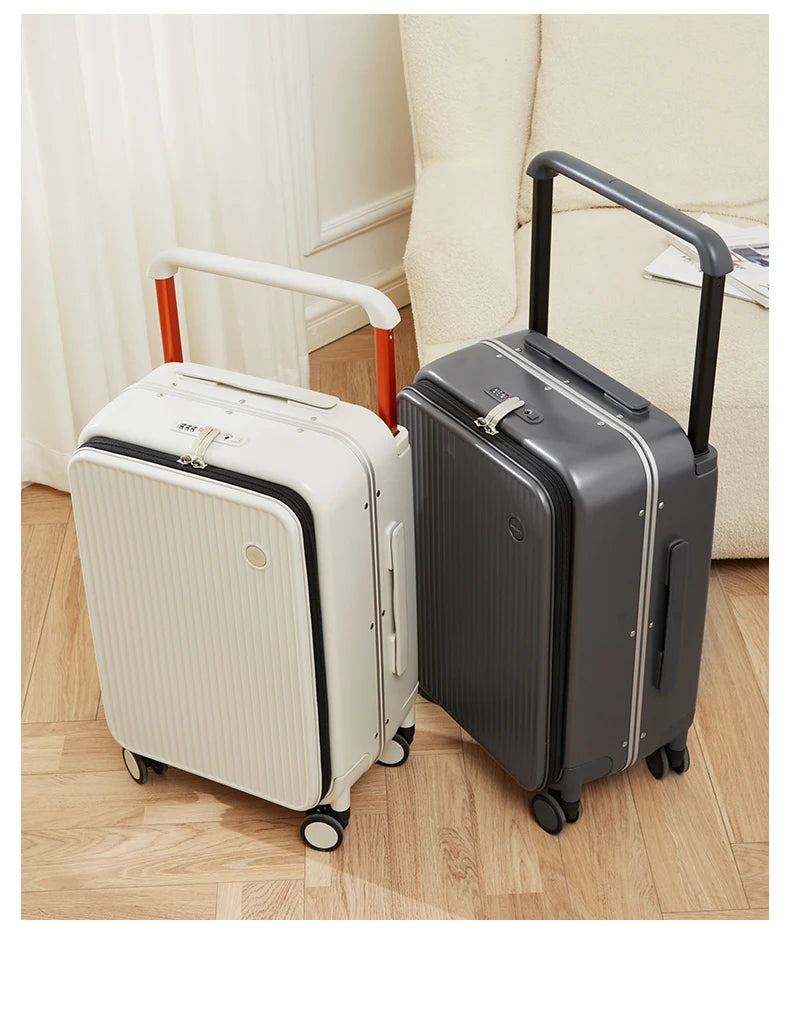 Nova Mart Mixi PC aluminum frame trolley case with laptop pocket, durable luggage with sleek design and secure handle.