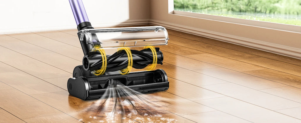 Nova Mart cordless vacuum cleaner with LED screen, 500W power, 55Kpa suction, and self-standing design.