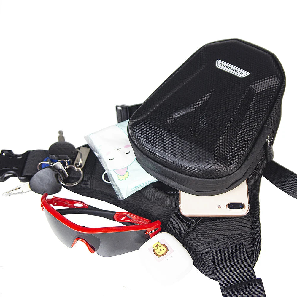 Tactical waterproof motorcycle waist and leg bag by Nova Mart, designed for secure storage during rides.