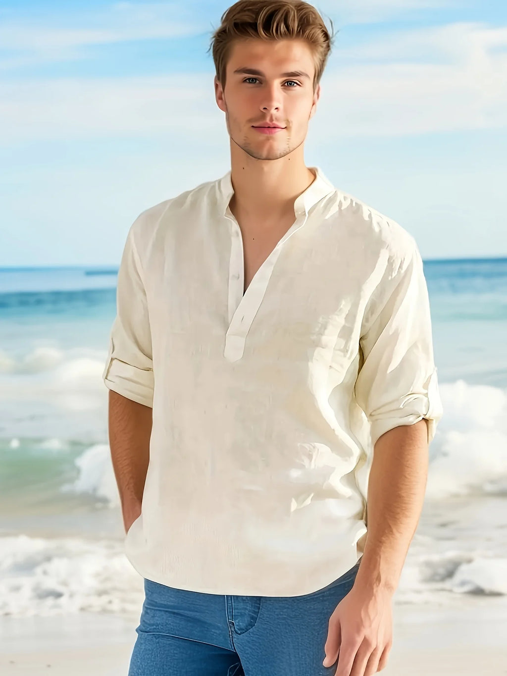 Men's linen stand collar shirt with long sleeves, loose fit, in a stylish men's fashion design by Nova Mart.