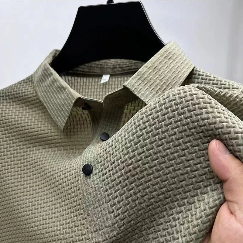 Men's business casual polo shirt with bone flower pattern from Nova Mart, featuring a classic collar and short sleeves.