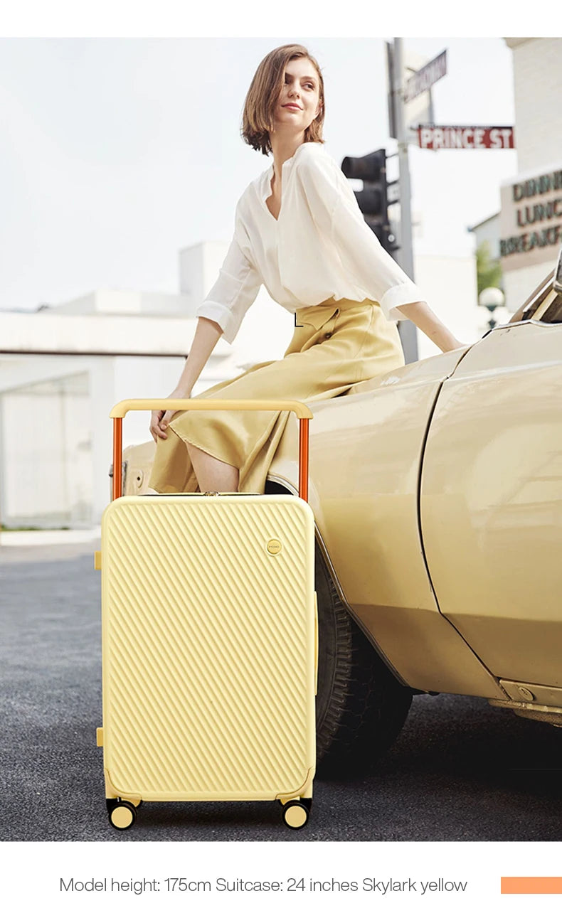 Nova Mart Mixi Wide Handle Hardside Suitcase with patent design, durable luggage featuring a sleek exterior and spacious interior.