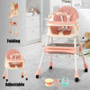Foldable Nova Mart 4-in-1 baby high chair with 7 height settings and toy rack, showing its adjustable design and safety features.