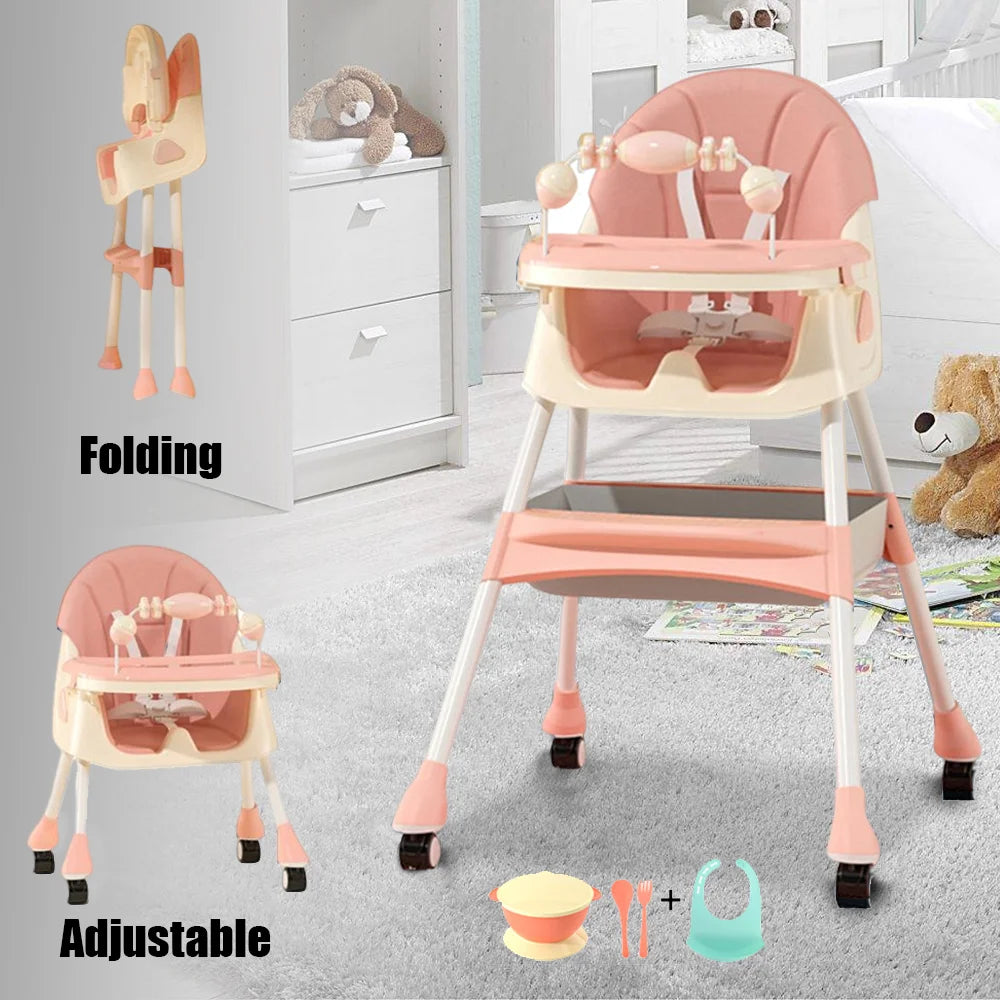 Foldable Nova Mart 4-in-1 baby high chair with 7 height settings and toy rack, showing its adjustable design and safety features.