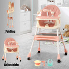 Foldable Nova Mart 4-in-1 baby high chair with 7 height settings and toy rack, showing its adjustable design and safety features.