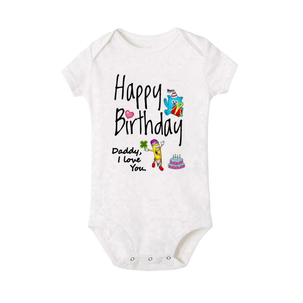 Baby bodysuit by Nova Mart featuring a "Happy Birthday Daddy" print, short sleeve summer romper for little ones.