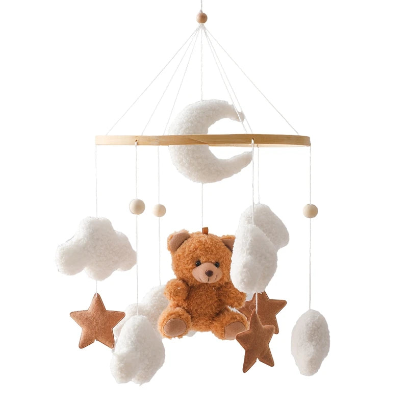 Wooden baby crib mobile by Nova Mart featuring soft felt cartoon bear and music box for soothing nursery decor