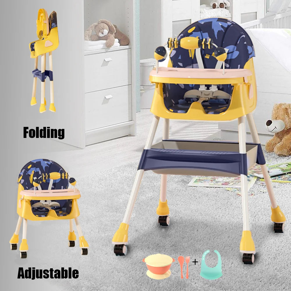 Foldable Nova Mart 4-in-1 baby high chair with 7 adjustable heights, toy rack, and ergonomic design for toddlers.