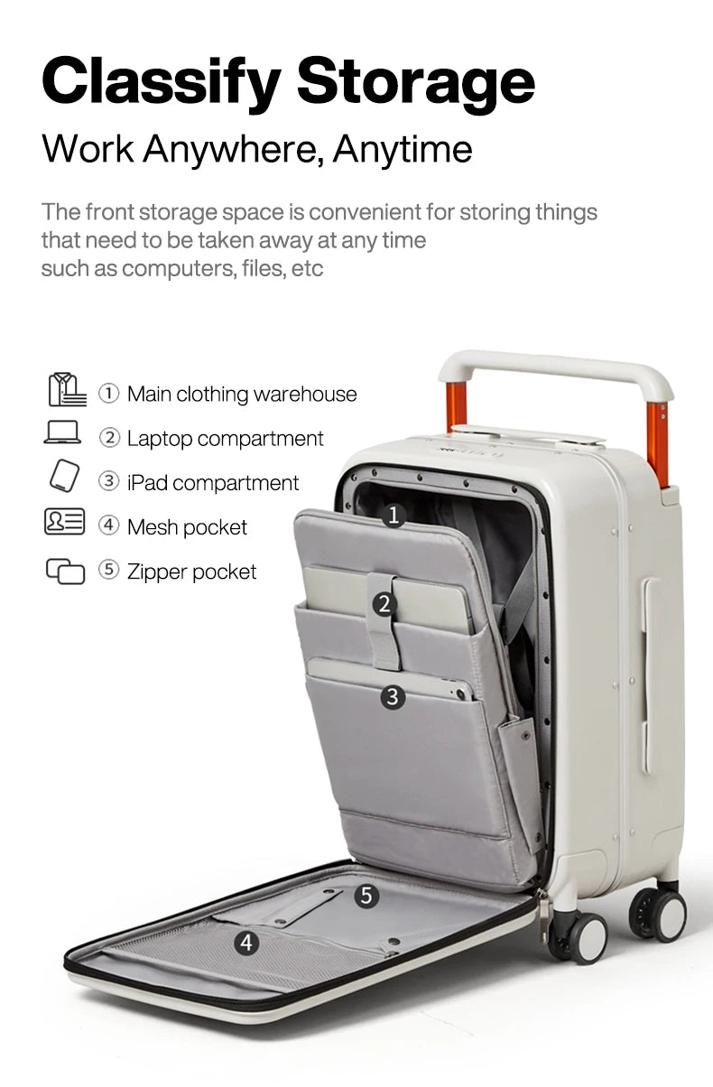 Nova Mart Mixi PC aluminum frame trolley case with built-in laptop pocket and sturdy luggage design.